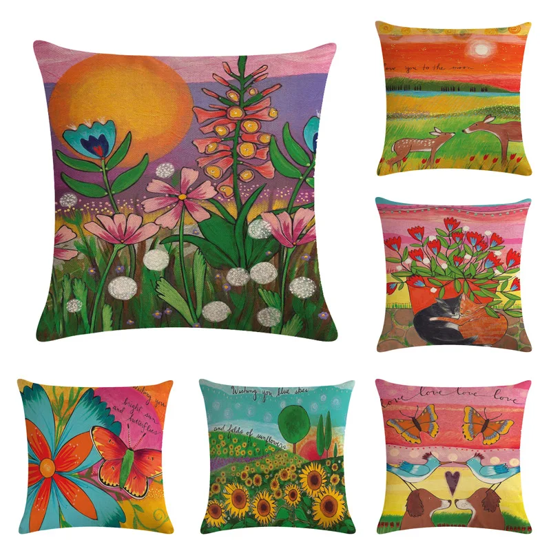 

Cartoon scenery Pillow Case Cushion pillow Oil Painting Cotton linen Home Decor Throw pillow cover sunflower 45x45cm Pillowcase