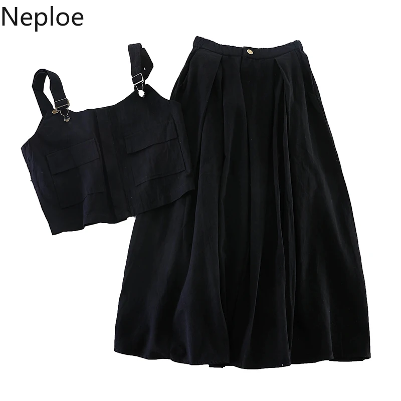 Neploe, летняя юбка, комплект одежды для женщин, однотонный, без рукавов, короткий топ+ юбка, костюм для женщин, комплект из 2 предметов, модные женские одинаковые наряды