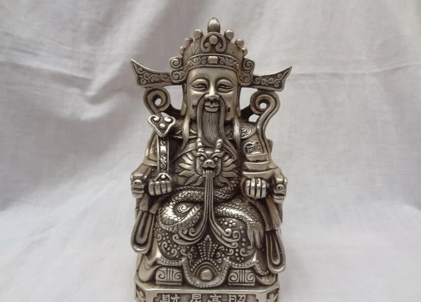 Elegant old S4759 Chinese Silver Buddhism Joss Dragon Head YuanBao RuYi Mammon God Statue (A 0319 discount 35%) | Дом и сад