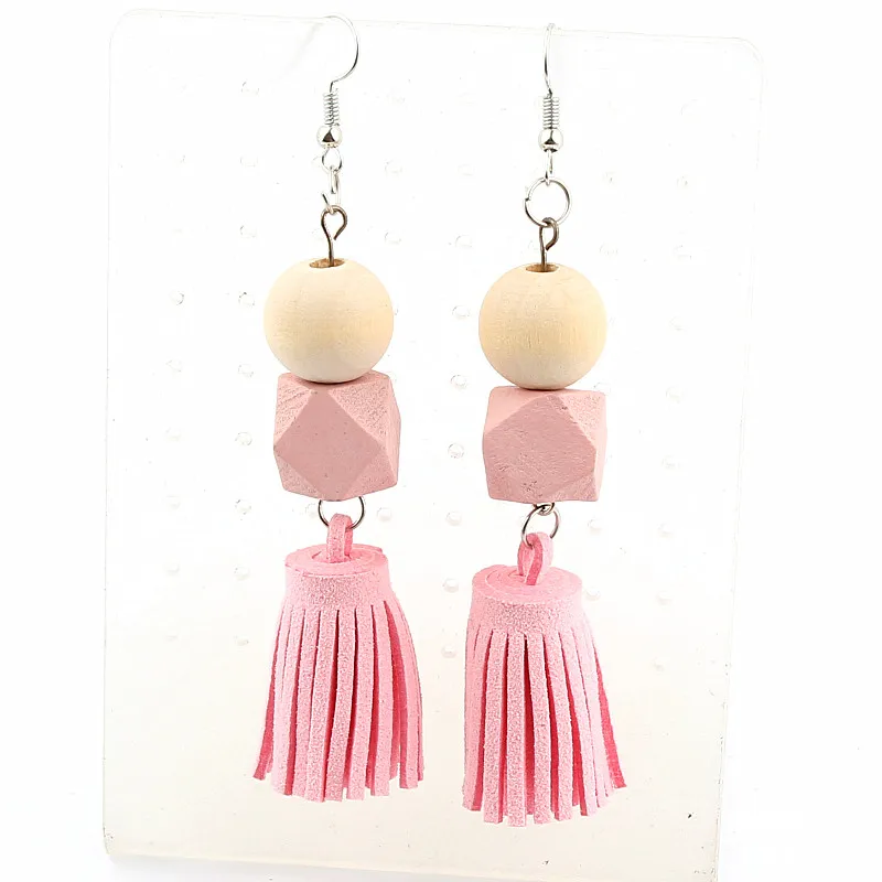 Модные Розовые висячие серьги квадратные и круглые деревянные бусины замшевые