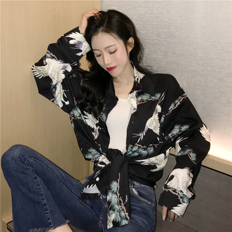 Korobov Harajuku Cartoon Print Loose Casual Women Blouse Korean Elegant Printed Female Shirt BF Long Sleeve Mujer Blusas 77004 |