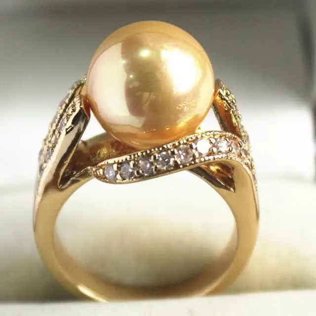 

FREE SHIPPING>>>@@ beautiful new jewelry 18KGP with crystal decorated &12mm yellow shell pearl ring(#6. 7.8.9)