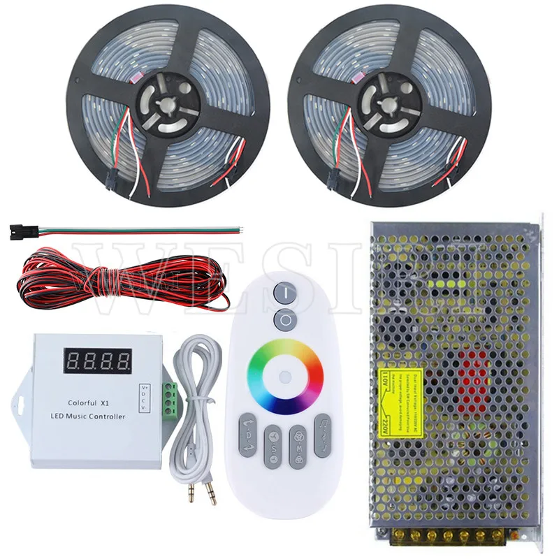 5 м/10 м/15 м/20 м DC5V WS2812B 150 светодиодный s Водонепроницаемый индивидуально адресуемых СВЕТОДИОДНЫЙ Пиксель полосы+ удалённое воспроизведение музыки контроллер+ Питание комплект