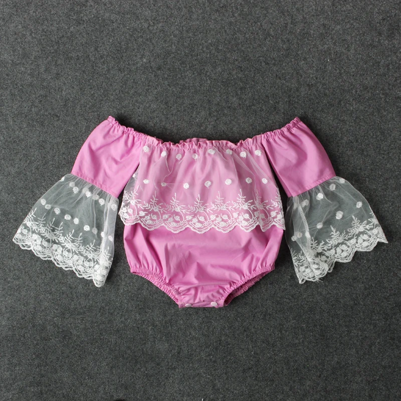 lovable Infant Newborn Baby Girls Pink Lace Off Shoulder Polka Dot Flared Sleeves Rompers Jumpsuit Outfits 0-24M | Мать и ребенок