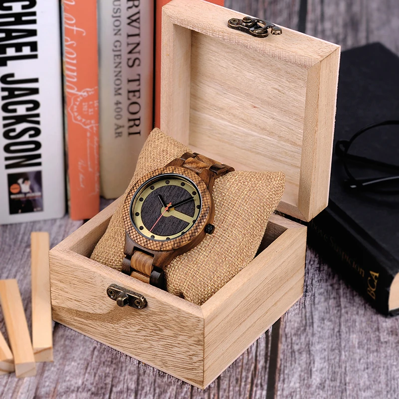 Мужские деревянные часы BOBO BIRD Q09 простые кварцевые Zebrawood и черное дерево