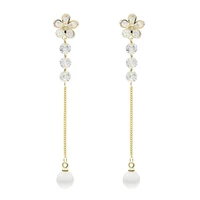needle zircon flower shape rhinestone long gold copper chain with enamel pendant dangle earrings for women party jewelry