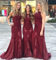sexy lace burgundy bridesmaid dresses 2022 hot long sleeve beaded long bridesmaid dress formal maid of honor plus size