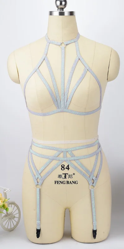 Silver Sexy Lingerie Bondage Harness Body suit Elastic Body Harness Cage bra Wedding Leg Garter Belt Goth Rave Suspender Belt