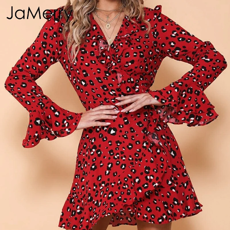 JaMerry Винтаж leopard wrap мини-платье оборками Длинные рукав фонарик пояса bodycon платье