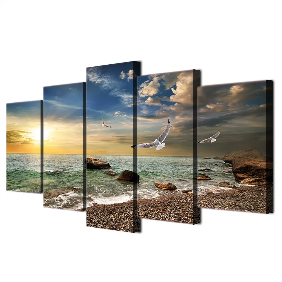

Canvas Wall Art Pictures Frame Kitchen Restaurant Decor 5 Pieces Sunset Landscape Animal Seagull Beach Living Room Print Posters