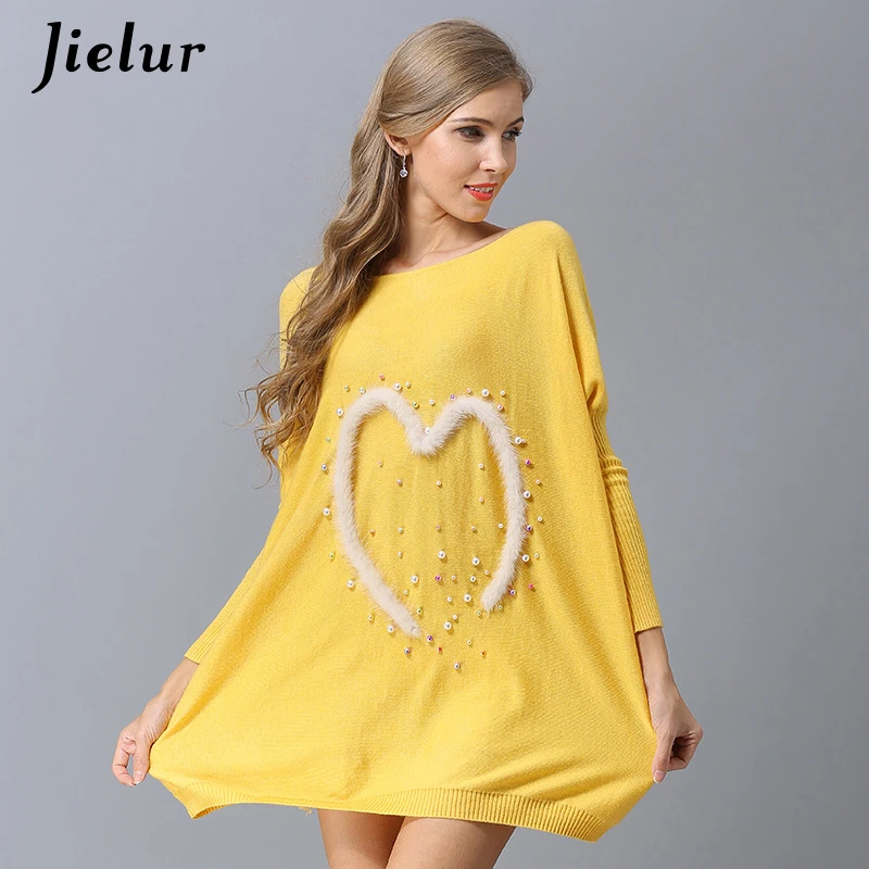 Jielur Europe Beading Love Autumn Sweater Women Loose Batwing Sleeve Chic Yellow Top Femme Elegant High Street Sueter Mujer 2018 | Женская