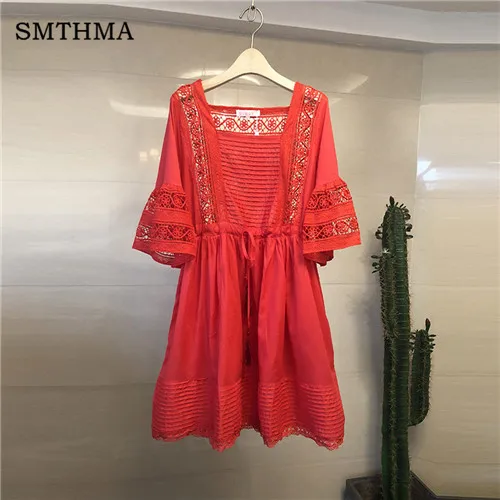 Photo Color SMTHMA Новое поступление, летние модные корейские платья с высокой талией, красное/Белое Кружевное свободное платье vestidos - Цвет: Photo Color