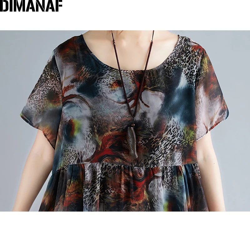 

DIMANAF Plus Size Women Beach Dress Print Chiffon Vintage Elegant Lady Vestidos Summer Sundress Loose Casual Female Clothes 2019