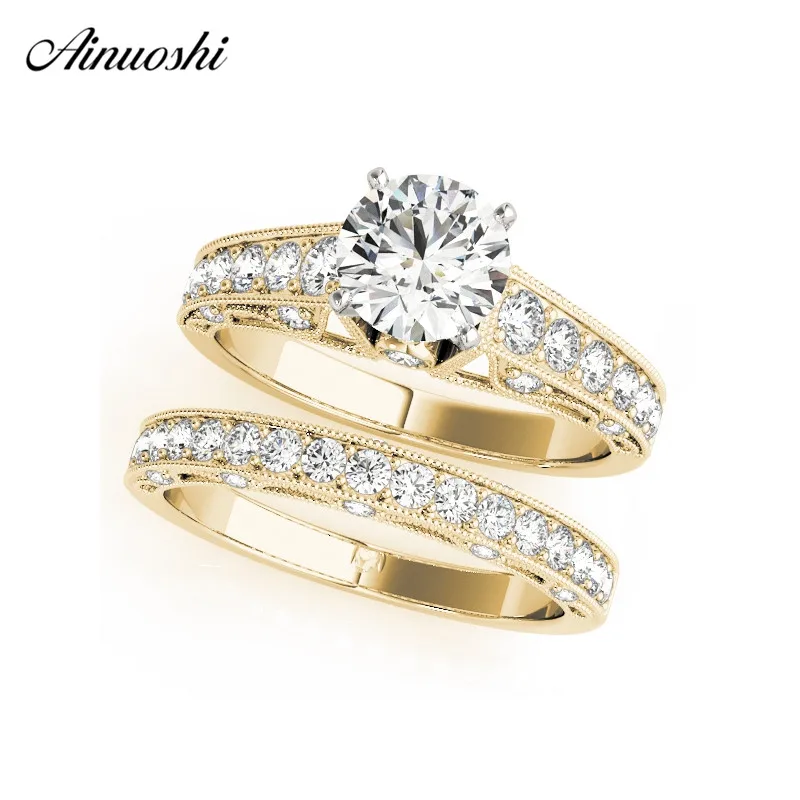 AINUOSHI, модный набор обручальных колец из 925 пробы, серебра, желтого золота, 1ct, круглые свадебные вечерние наборы колец, ювелирные изделия, подарки