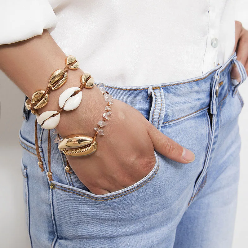 SRCOI Gold Color Big Cowrie Shell Bracelets Delicate Rope Chain Adjustable Bracelet Beads Charm Bohemian Beach Jewelry | Украшения и