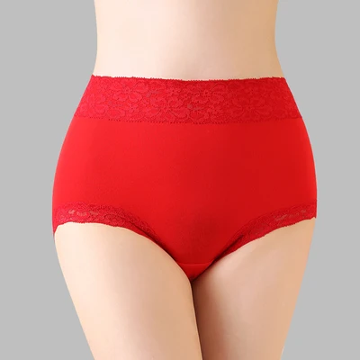 Бесшовные Трусики с высокой талией, женские сексуальные трусы, женское нижнее белье, кружевное женское хлопковое нижнее белье, дышащие трусы размера плюс для девушек - Цвет: Красный