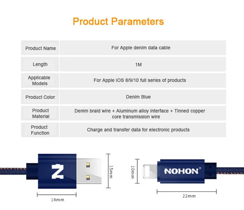 NOHON для Apple, USB кабель, джинсовый кабель для быстрой зарядки, USB кабель для iPhone 7, 6, 6S Plus, 5, 5S, SE, iPad, iPod, iOS, 8, 9, 10, телефонный кабель для синхронизации данных