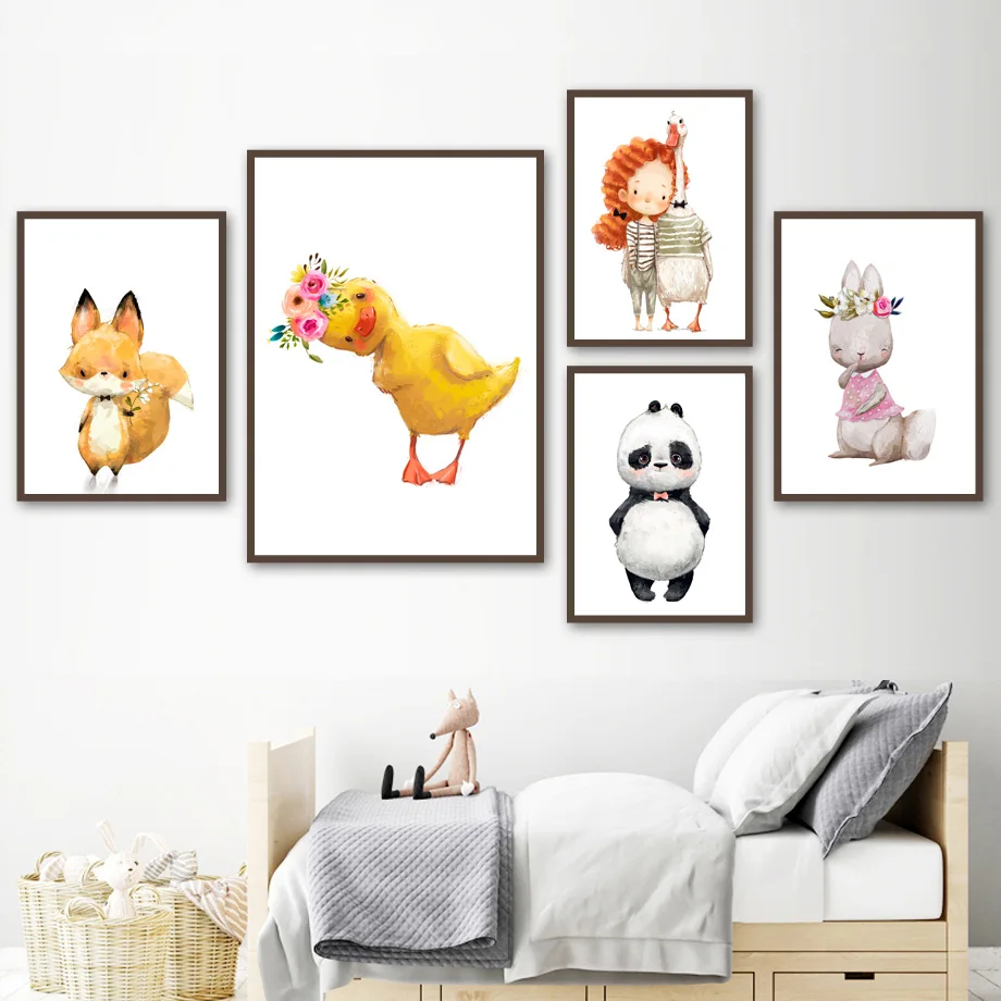 Милая девочка утка лиса Панда Кролик настенная живопись холст скандинавские