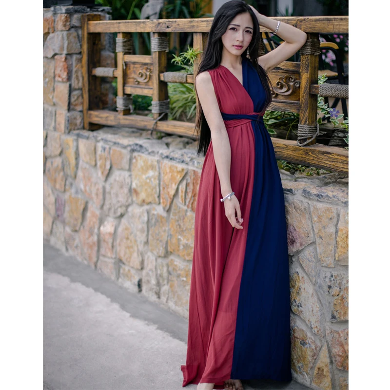 2017 новое лето лоскутная контрастные цвета спинки сексуальная холтер длинные dress