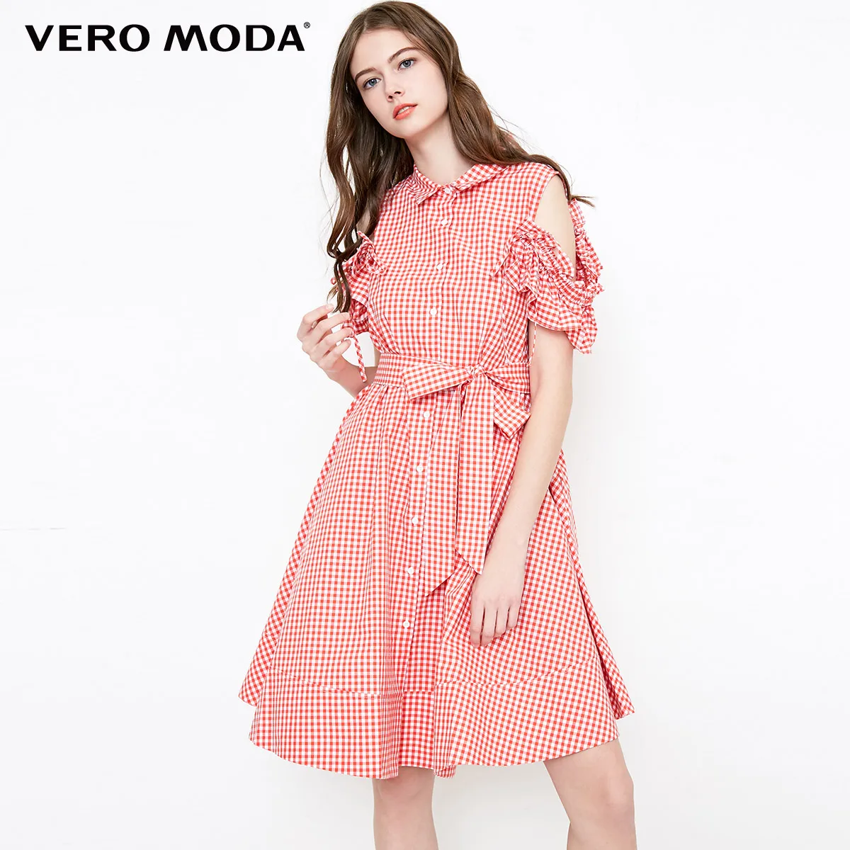 Vero Moda клетчатое платье трапециевидной формы со шнуровкой и открытыми плечами из хлопка | 31837B502 - Цвет: Fiesta