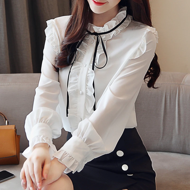 2019 Women White Wine Red Long Sleeve Ruffle Chiffon Cardigan Tops Blouses , Korean Casual Sweet Lady Woman Top  Shirts Blouse