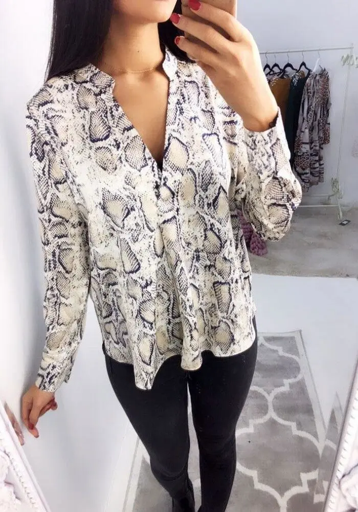 Новый стиль 2019 осень зима мода змея печати для женщин шифон блузки малышек Bo с