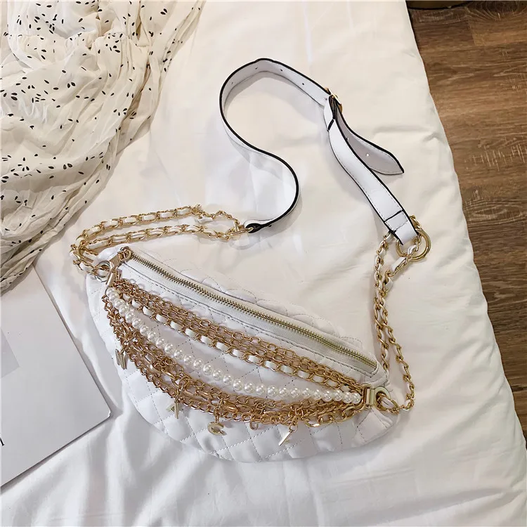 White TOYOOSKY Роскошные брендовые кожаные нагрудные сумки, стеганые клетчатые женские сумки на пояс, сумки на плечо для телефона, маленькая сумка на ремне с жемчужной цепочкой - Цвет: White
