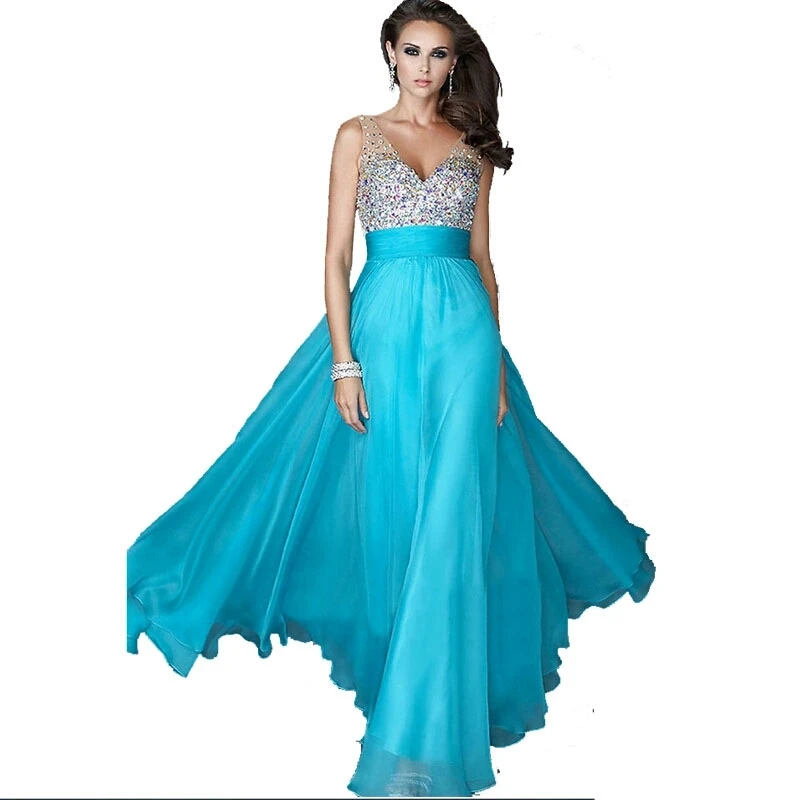 Женщины Сексуальная Спинки Глубокий V образным Вырезом Шифон Бисером Длинные