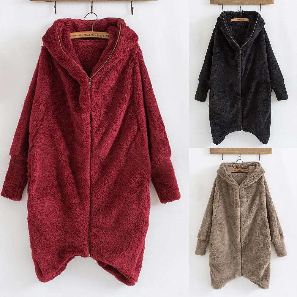 Женское пальто 2018 повседневное с капюшоном зимнее однотонное на молнии