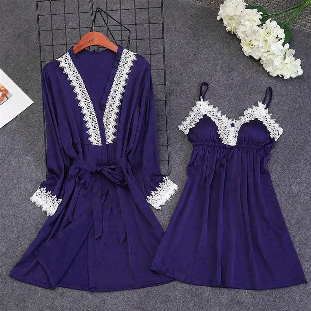2/шт сексуальное женское белье ночная рубашка атласное пальто ночное с рукавом
