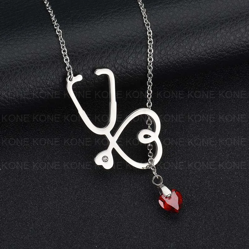Silver Color Uzone стетоскоп и сердце Cz кулон ожерелье медсестры доктор медицинские студенты выпускные мужчины женщины унисекс нержавеющая сталь ювелирные изделия - Окраска металла: Silver Color