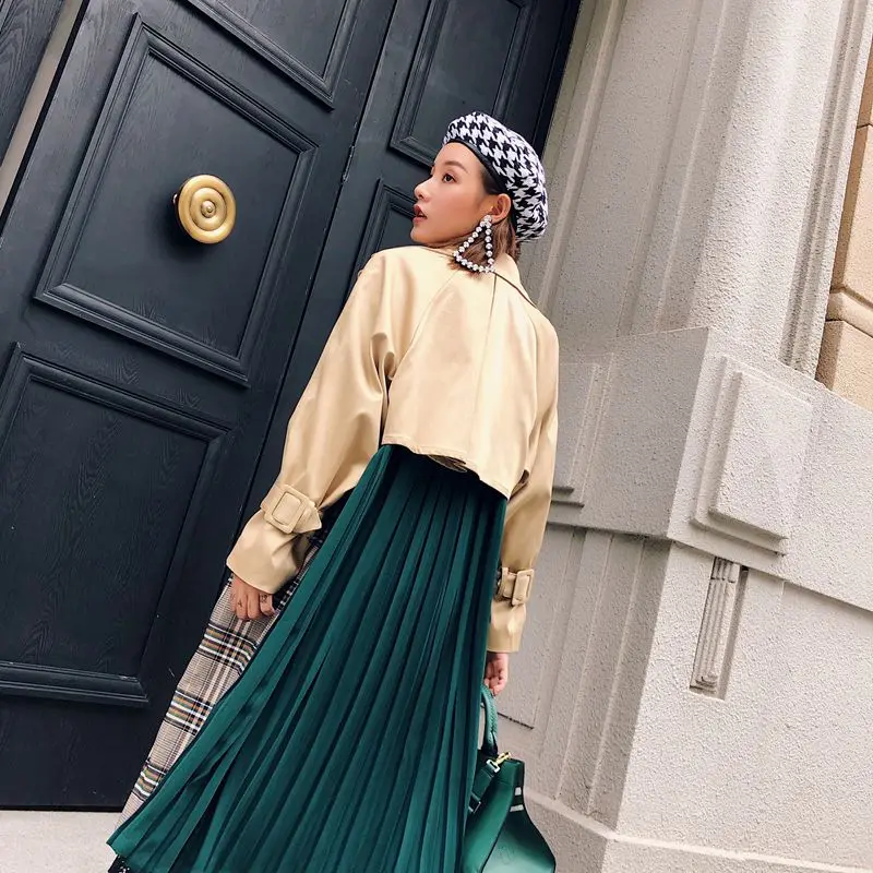 Для женщин плащ Тренч 2019 Новинка одежда в клетку контрастный Цвет задняя зеленое
