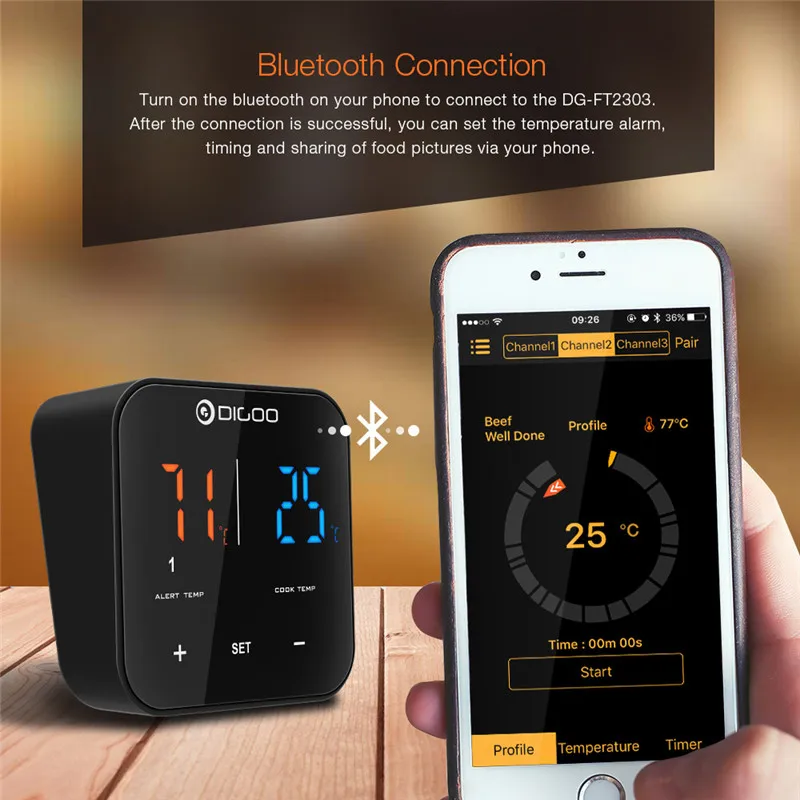 Digoo DG FT2303 трехканальный умный bluetooth приложение управления барбекю термометр