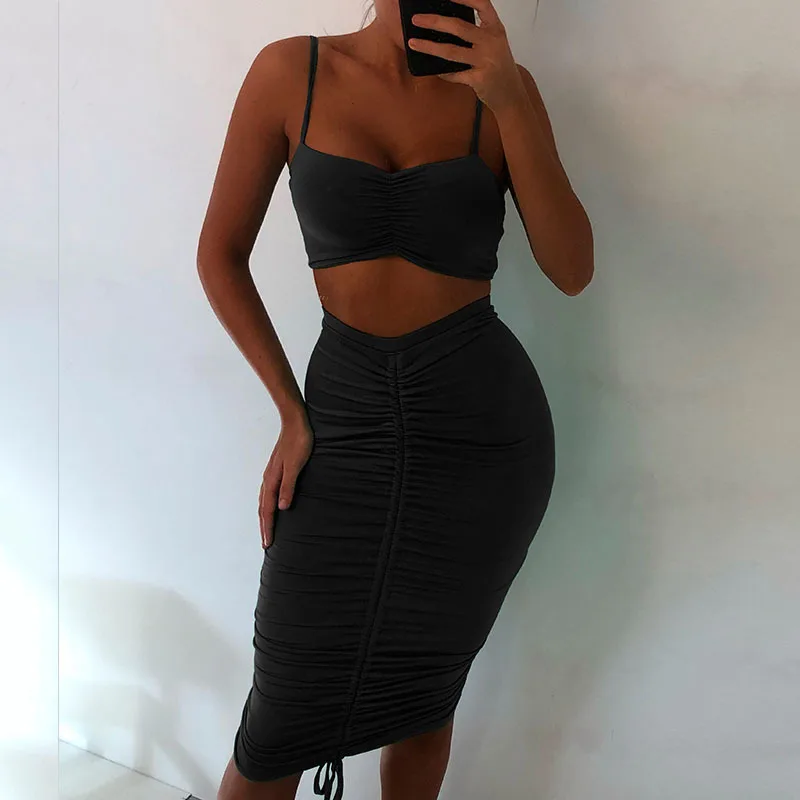 Sexy Pleated Dress Women 2 Piece Set Lace Up Sleeveless Party Club Outfits Bodycon Two Dresses Vestido | Женская одежда