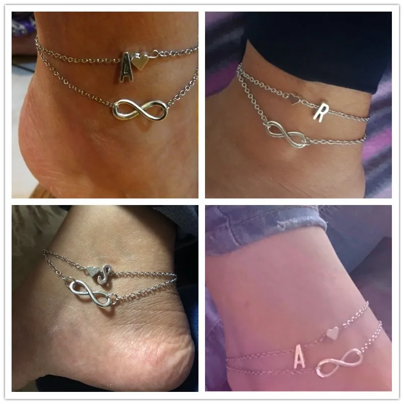 Женский браслет на лодыжку Boho серебряный серебряного цвета цепочке с 26 буквами ювелирные изделия для