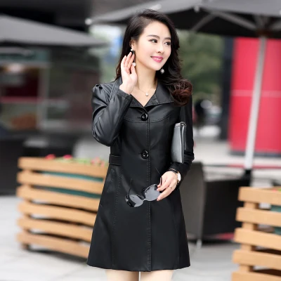 Новинка 6XL женская кожаная куртка женская куртка из искусственной кожи средней длины красные кожаные куртки для женщин тренчи одежда WUJ1206 - Цвет: Black