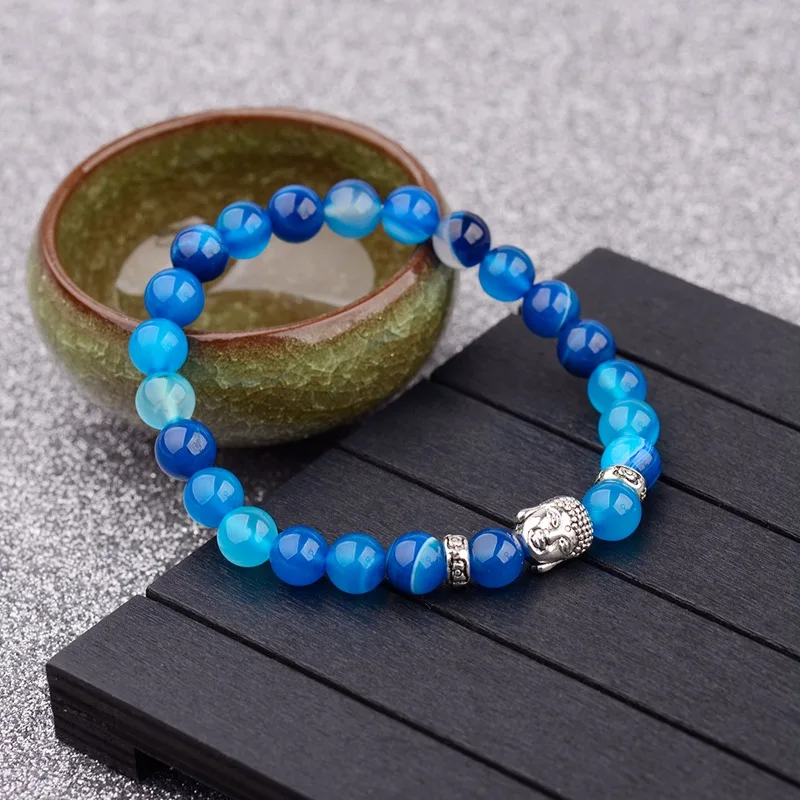 DOUVEI винтажный молитвенный Сияющий браслет бусины из синего камня для женщин очаровательный мужской серебряный Будда этнические ювелирные изделия для йоги браслет AB184