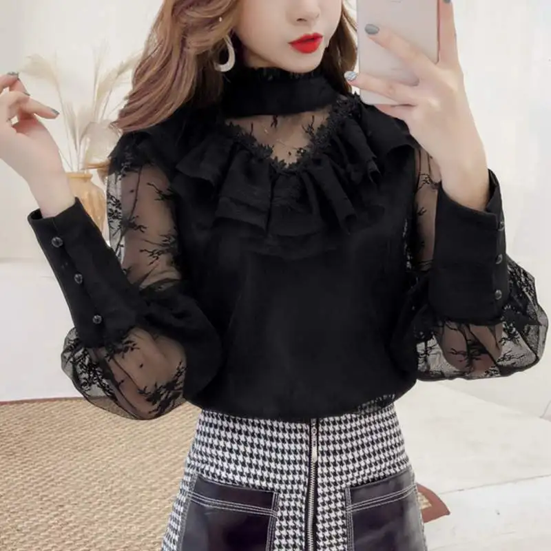 2020 Spring New Arrival Lace Top Fashion Ruffles Design Women Long Sleeve Shirt Floral Elegant Tunic Tops Mesh Blusas UX30 |