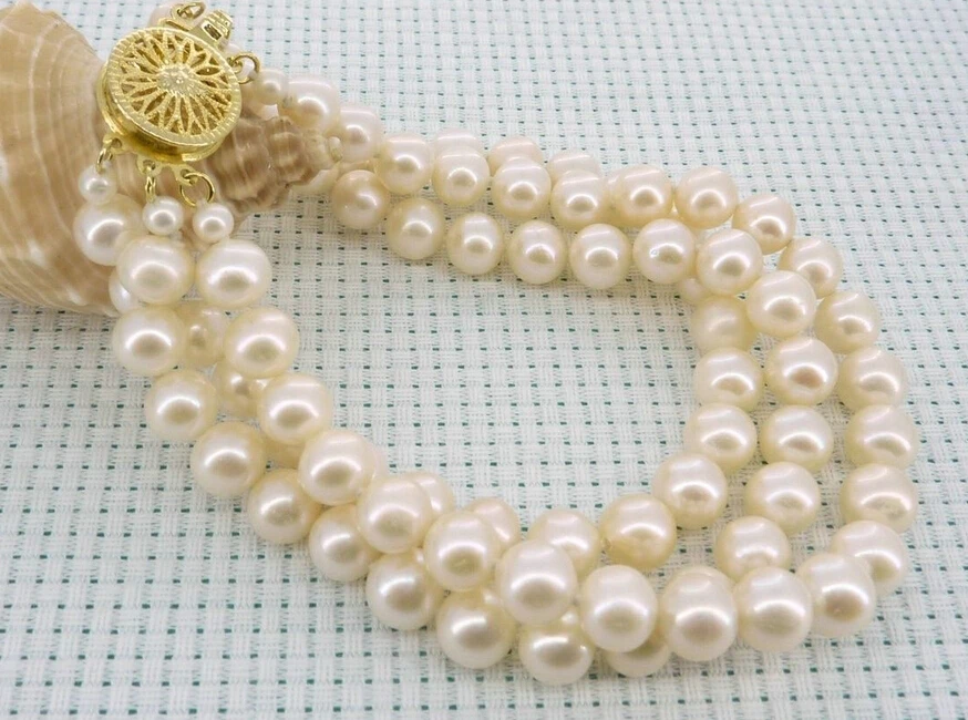 Grade 7mm Akoya White Pearl 2 Strand Bracelet 8"