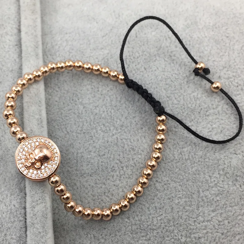 

POHIER Rose Gold Color Round Pave Skull Braided Macrame 4mm Copper Beads Charms Bracelet For Women Men Jewelry adjust Bracelets
