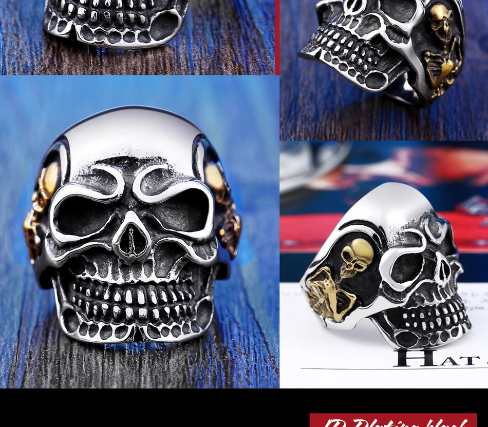 BEIER Dropshipping Fashion Stainless Steel Rings For Man Big Tripple Skull Ring Punk Biker Jewelry BR8-068