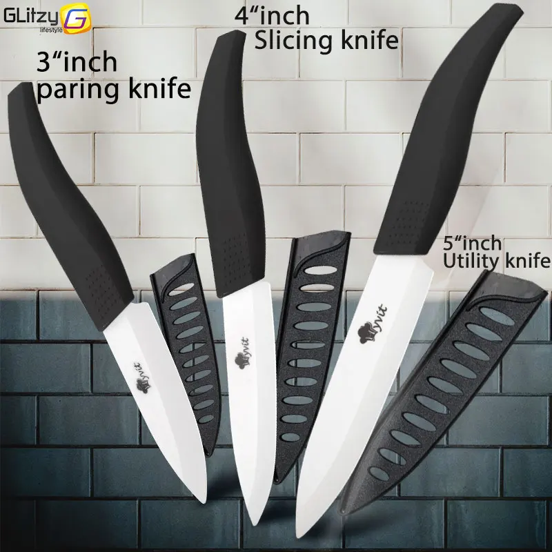 345 WHITE BLACK Керамический нож 3, 4, 5 дюймов, набор кухонных ножей из циркония с черным лезвием, набор кухонных поварских ножей из трех предметов, фруктовый Овощной цветной нескользящей ручкой - Цвет: 345 WHITE BLACK