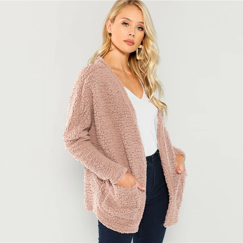 SHEIN Тедди Пальто Из Эко Меха Модное Пальто Зимнее С Длинным Рукавом