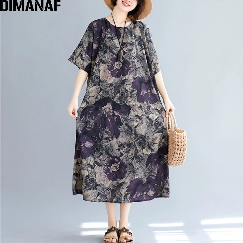 DIMANAF Oversize Women Dress Big Size Elegant Vintage Female Vestidos Print Floral Summer Sundress Loose Long Lady 2019 | Женская одежда