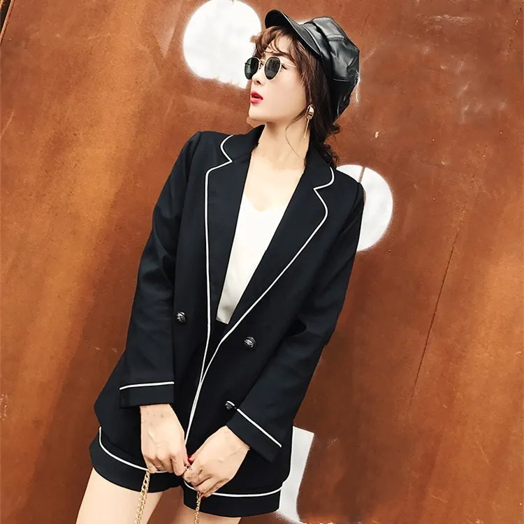 Women Zippers Short Pant Black Suits Button Spring Notched Collar Two Piece Sets Casual Hit Color Blazers Office Outfits | Женская