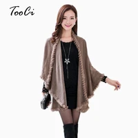new fashion spring rabbit fur collar cashmere cardigan shawl women khaki knitted fur faux fur poncho coat outerwear