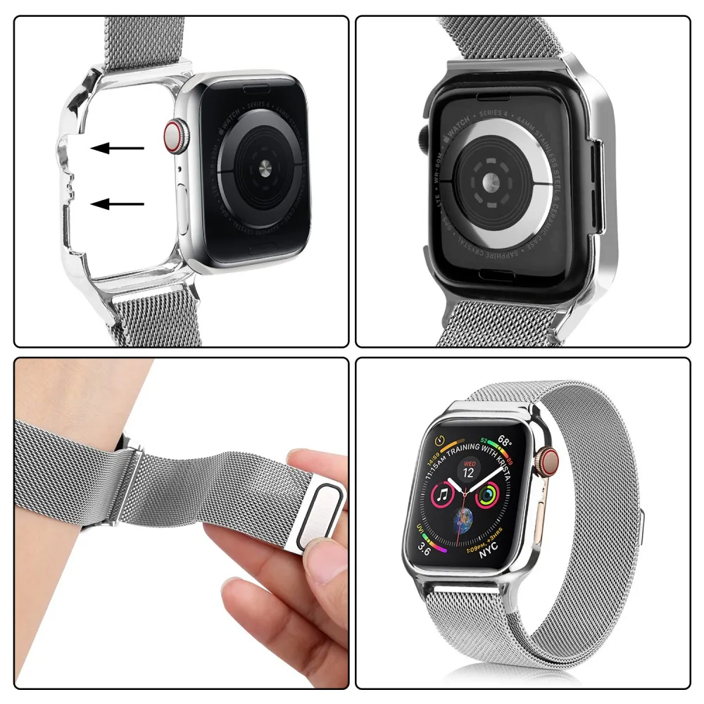 Магнитная Миланская петля, ремешок из нержавеющей стали, чехол для Apple Watch, ремешок 40 мм, 44 мм, чехол для iWatch, серия 4, 5, ремешок, бампер, рамка