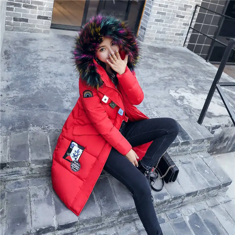 red Новинка, хлопковое пальто, M-3XL, теплое, модное, с карманами, длинный, тонкий пуховик, с меховым воротником, на молнии, модное, зимнее, Mujer Casaco - Цвет: red