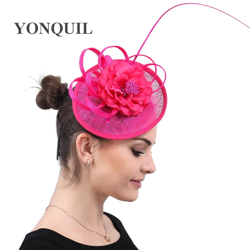 

Hot Pink Sinamay Fascinators With Silk Flower Racing Season Ladies Wedding Hats For Cocktail Party Event Occasion High Quality