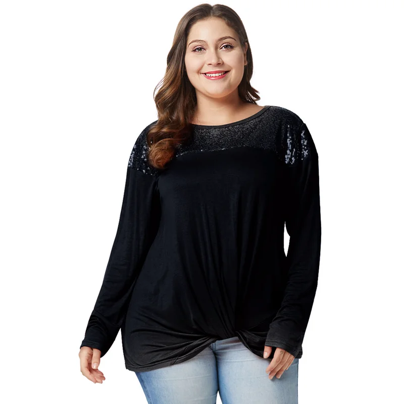 Женская футболка больших размеров с пайетками узлом футболки для женщин длинный